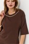 Brown Flexible Textured Crew Neck Double Sleeve Comfortable Fit T-Shirt with Gold Chain Accessory Detail - 4