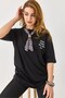 Black Cotton Crew Neck Drop Shoulder Oversize Knitted T-Shirt with Scarf and Lettering Embroidery Detail - 3