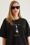 Black Cotton Crew Neck Oversize Wide Cut Front Graphic Printed Short Sleeve T-Shirt - 3