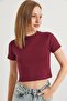 Burgundy Cotton Flexible Textured Crew Neck Short Sleeve Cropped Knitted Blouse - 3