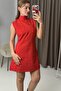 Red Woven Fabric Half Turtleneck Sleeveless Mini Dress with Stone Print Detail