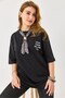 Black Cotton Crew Neck Drop Shoulder Oversize Knitted T-Shirt with Scarf and Lettering Embroidery Detail - 4