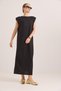 Black Cotton Knitted Fabric Crew Neck Dress with Shoulder Padding Detail, Straight Cut, Comfortable Fit - 4