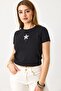 Black Stretchy Textured Crew Neck Short Sleeve Crop Form Star Stone Detailed Knitted Blouse - 3