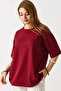 Burgundy Crew Neck Short Sleeve Oversize Wide Cut Shiny Stone Detailed Knitted T-Shirt - 2