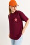 Burgundy Crew Neck Short Sleeve Relaxed Fit Sweet Peach Printed Knitted Fabric T-Shirt - 2