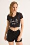 Black Cotton Blend Collared Short Sleeve Crop Blouse with Print and Zipper Detail - 4