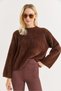 Brown Soft Fuzzy Textured Crew Neck Oversize Wide Cut Drop Shoulder Knitwear Sweater - 3