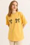 Yellow Knitted Fabric Crew Neck Short Sleeve Regular Cut Ribbon Print Detailed Basic T-Shirt