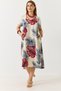 Beige Patterned V-Neck Short Sleeve Comfortable Fit Midi Length Woven Dress with Pockets on the Sides