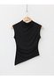 Black Combed Cotton Stretch Fabric Turtleneck Cross-Cut Side Gathered Detailed Sleeveless Blouse - 2