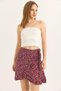 Burgundy Woven Viscose Elastic Waist Double-Breasted Cut Floral Ruffle Detailed Mini Skirt