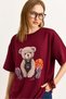 Burgundy Stretchy Textured Crew Neck Drop Shoulder Teddy Bear Printed Comfortable Fit T-Shirt - 2