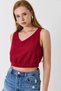 Burgundy Camisole Textured Strappy V-Neck Crop Form Sleeveless Knitted Blouse with Elastic Detail at the Hem - 3