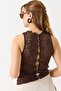 Brown Stretchy Fabric Degaje Collar Backless Lace Detailed Sleeveless Knitted Blouse - 4