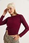Burgundy Stretch Fabric Crew Neck Long Sleeve Asymmetrical Cut Side Gathered Knitted Blouse - 7