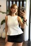 White Striped Flexible Textured Crew Neck Zero Sleeve Bell Model Blouse Suitable for Daily Use - 2