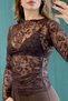Brown Transparent Textured Crew Neck Long Sleeve Blouse with Guipure Detail and Modern Cut - 2