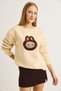 Beige Cotton Crew Neck Drop Shoulder Three Yarns Labubu Embroidered Ribbed Detailed Sweatshirt - 3
