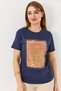 Navy Blue Stretch Fabric Crew Neck Short Sleeve Palm Tree Shiny Printed Casual T-Shirt