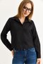 Black Stretchy Woven Fabric Long Sleeve Buttoned Bow Detail Shirt Collar Shirt - 2
