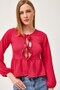 Fuchsia Cotton Stretch Knitted Fabric Crew Neck Long Sleeve Peplum Blouse with Tie Detail - 5