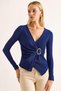 Navy Blue Corded Stretchy Textured Long Sleeve Double Breasted Collar Knitted Blouse with Side Metal Buckle Detail