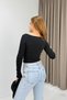 Black Cotton Lycra Stretchy Square Neck Long Sleeve Bow Detailed Slim Fit Knitted Blouse - 4