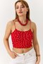 Red Flexible Textured Thin Strap Crop Form Polka Dot Patterned Casual Knitted Blouse - 2