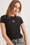 Black Cotton Stretch Fabric Crew Neck Short Sleeve Crop Form Knitted Blouse with Teddy Bear Embroidery - 3