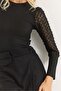 Black Crew Neck Long Sleeve Slim Fit Blouse with Tulle Detail on the Sleeves - 5