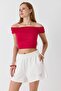 Ecru Cotton Elastic Waist Two-Thread Fabric Embroidered Print Detailed Relaxed Cut Shorts - 2