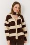 Brown Knitwear Soft Textured V-Neck Relaxed Fit Scarf Detailed Buttoned Striped Cardigan