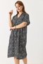 Black Patterned Woven Fabric Polo Collar Short Sleeve Dress with Pockets Relaxed Fit Midi Length Dress - 2