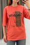 Orange Cotton Textured Crew Neck Double Short Sleeve Oversize Lettering Printed Knitted T-Shirt - 2