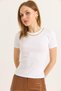 White Camisole Fabric Crew Neck Short Sleeve Blouse with Ribbed Chain Accessory Detail - 3