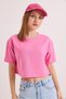 Pink Cotton Two Yarn Fabric Crew Neck Short Sleeve Relaxed Fit Crop Blouse