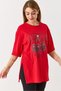Red Knitted Fabric Crew Neck Double Short Sleeve T-Shirt with Side Slits and Cherry Print