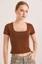 Coffee Cotton Flexible Knitted Fabric Square Neck Short Sleeve Slim Fit Basic Blouse - 5