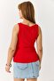 Red Stretchy Textured Wide Square Neck Comfortable Fit Basic Sleeveless Knitted Top T-Shirt - 5