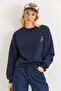 Navy Blue Three-Thread Embroidered Crew Neck Regular Fit Deer Embroidered Woven Sweatshirt - 2
