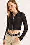 Black Stretchy Fabric High Neck Long Sleeve Crop Form Full Length Zipper Detailed Knitted Blouse