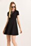 Black Lycra Stretch Fabric Crew Neck Short Sleeve Mini Flared Cut Form Dress - 3
