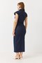 Navy Blue Lycra Denim Fabric Shirt Collar Slim Fit Draped Detailed Front Buttoned Midi Length Dress - 5