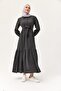 Smoked Textured Fabric Half Buttoned Belted Waist Long Sleeve Relaxed Fit Dress with Flounce Hem - 2