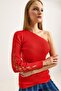 Orange Cotton Ribbed Basic Form Knitted Blouse with Single Shoulder Sleeve Tie Detail - 3