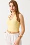 Yellow Stretchy Textured Halter Neck U-Neck Slim Fit Sleeveless Backless Crop Blouse - 2