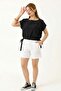 Black Tensel Fabric Boat Neck Short Sleeve Relaxed Fit Blouse with Tie Side Detail