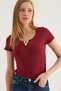 Burgundy Camisole Twill Short Sleeve V-Neck Blouse with Metal Accessory Detail - 5