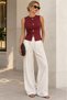 Burgundy Ottoman Ribbed Stretch Fabric Crew Neck Sleeveless Vest with Gold Button Detail - 3